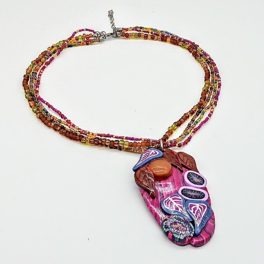 Colorful Handmade Multi-Strand Seed Bead Necklace & Clay Pendant